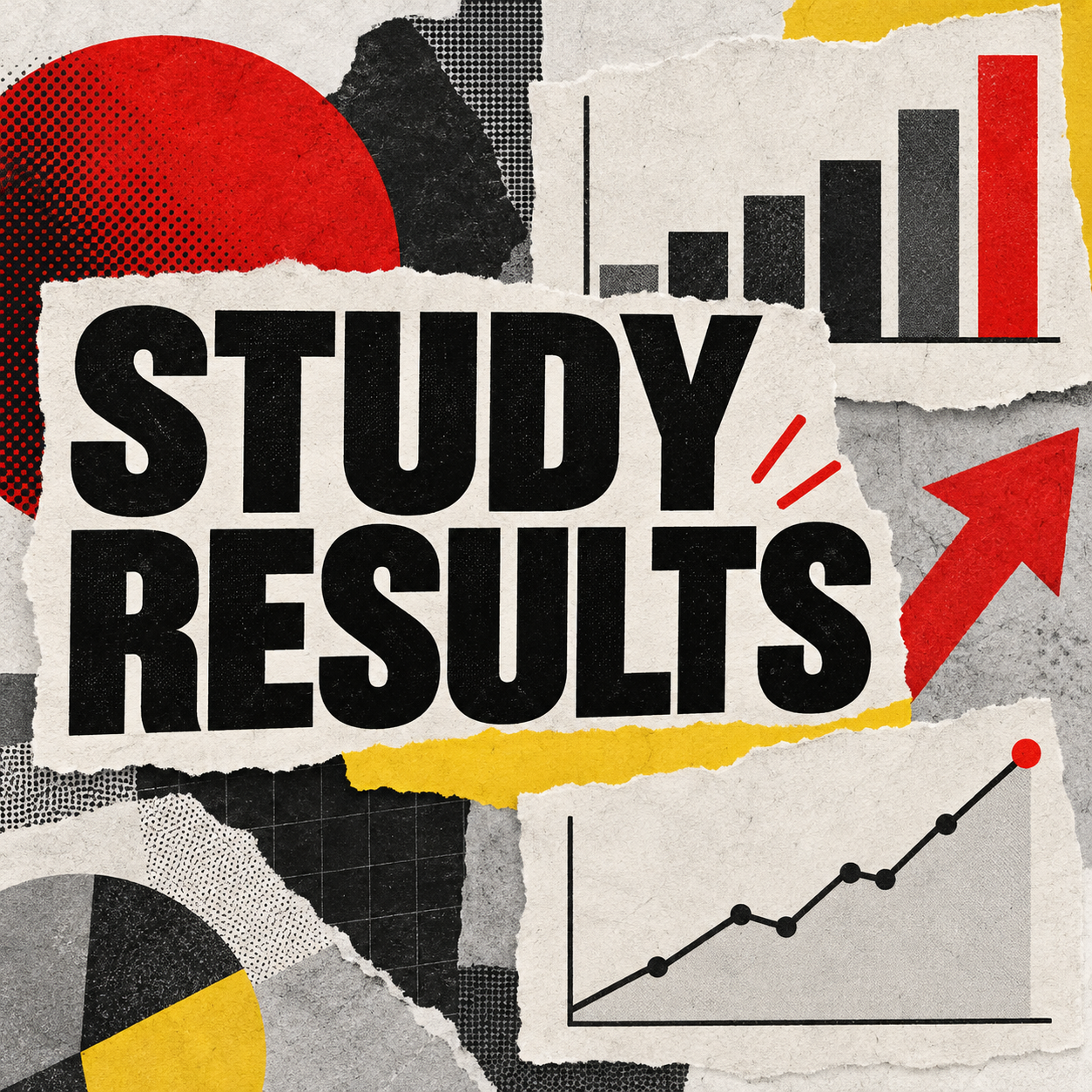 Study results collage with bar and line charts.